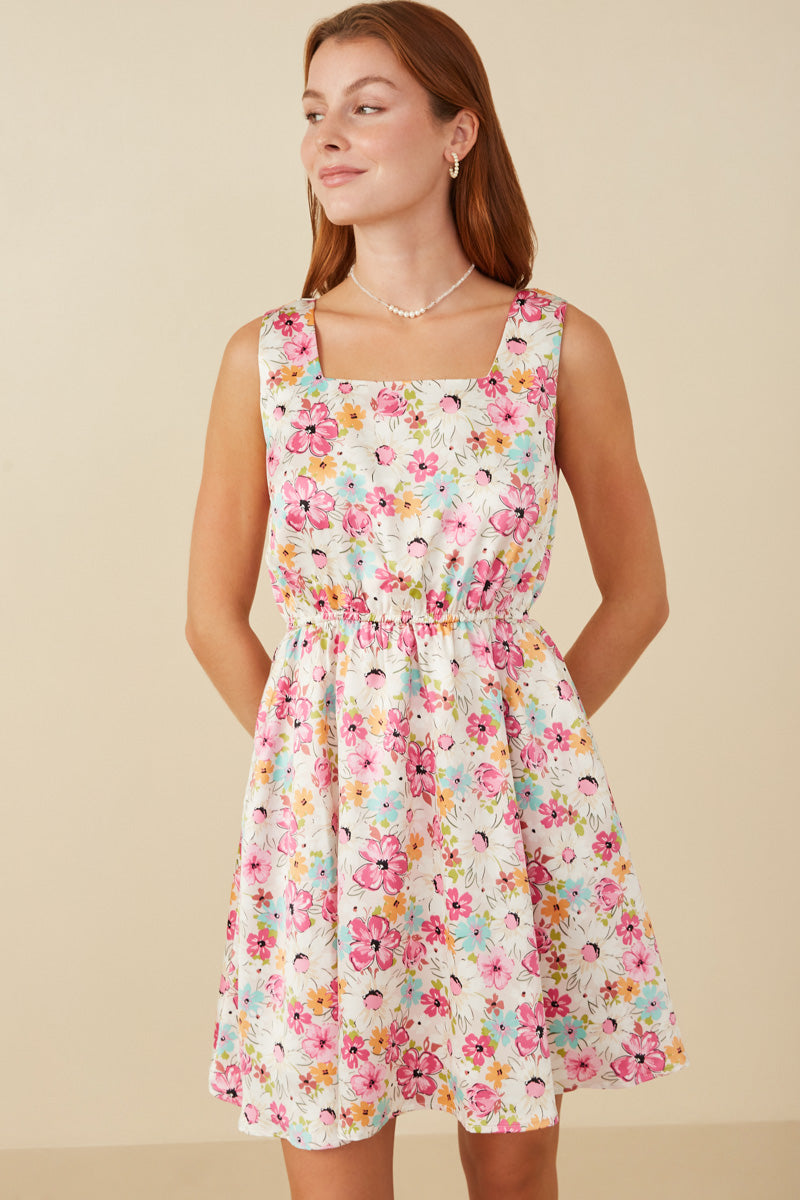 HY8018 Off White Womens Floral Print Fit And Flare Satin Dress Front