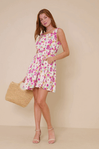 HY8018 Off White Womens Floral Print Fit And Flare Satin Dress Gif