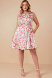HY8018W Off White Plus Floral Print Fit And Flare Satin Dress Full Body