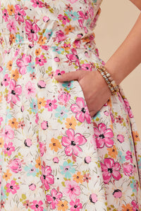 HY8018W Off White Plus Floral Print Fit And Flare Satin Dress Detail