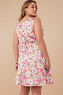 HY8018W Off White Plus Floral Print Fit And Flare Satin Dress Back