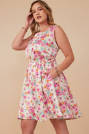 HY8018W Off White Plus Floral Print Fit And Flare Satin Dress Side