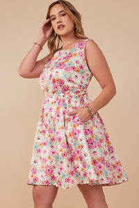 HY8018W Off White Plus Floral Print Fit And Flare Satin Dress Side