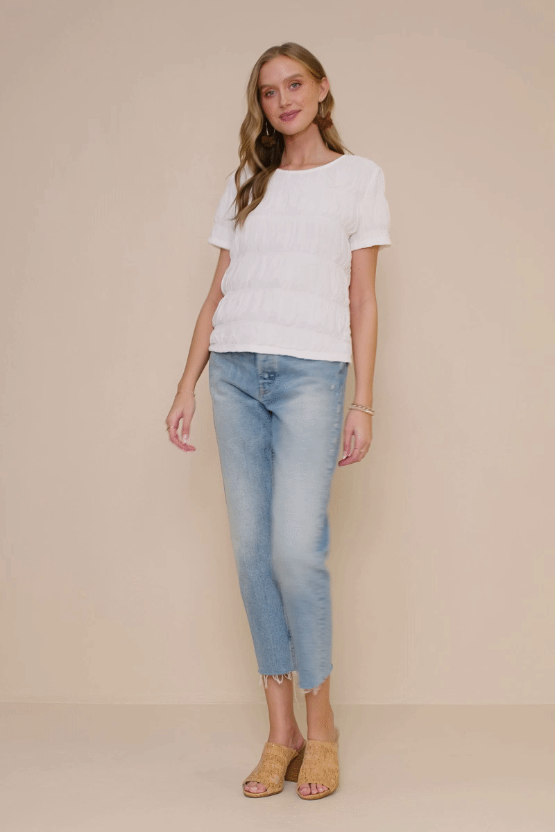 HY8020 Off White Womens Textured Slinky Tiered Top Gif