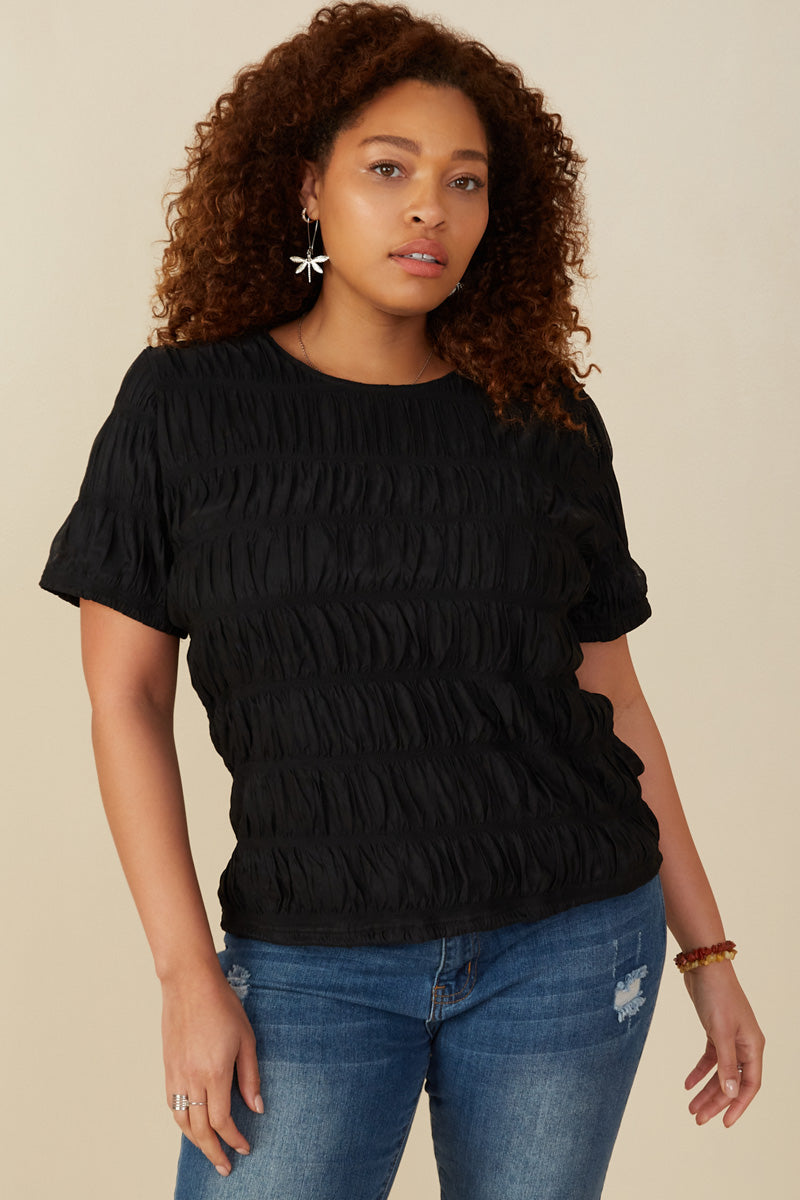 HY8020W Black Plus Textured Slinky Tiered Top Gif