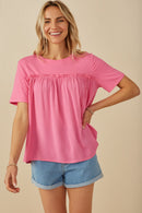HY8025 Pink Womens Textured Ruffle Seam Top Front