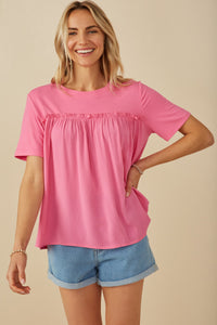 HY8025 Pink Womens Textured Ruffle Seam Top Front