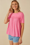 HY8025 Pink Womens Textured Ruffle Seam Top Full Body