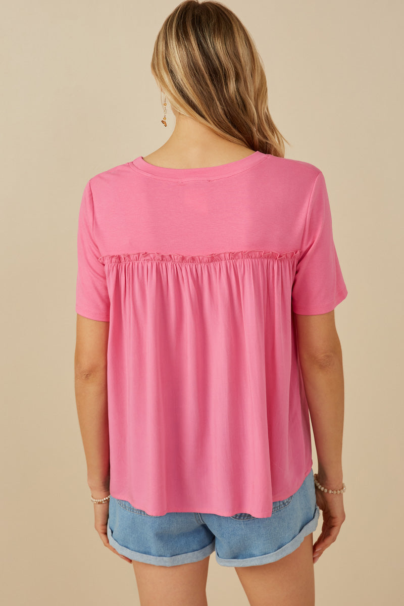 HY8025 Pink Womens Textured Ruffle Seam Top Side