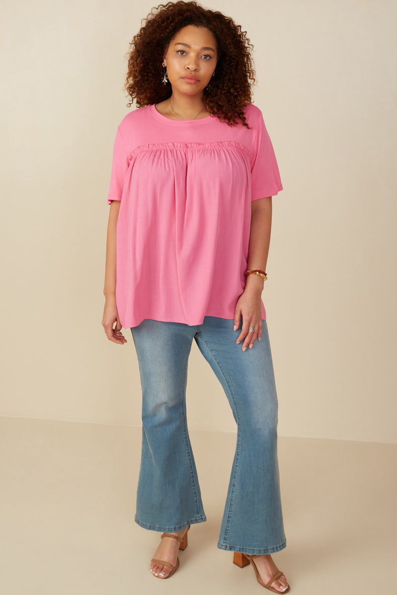 HY8025 Pink Womens Textured Ruffle Seam Top Back