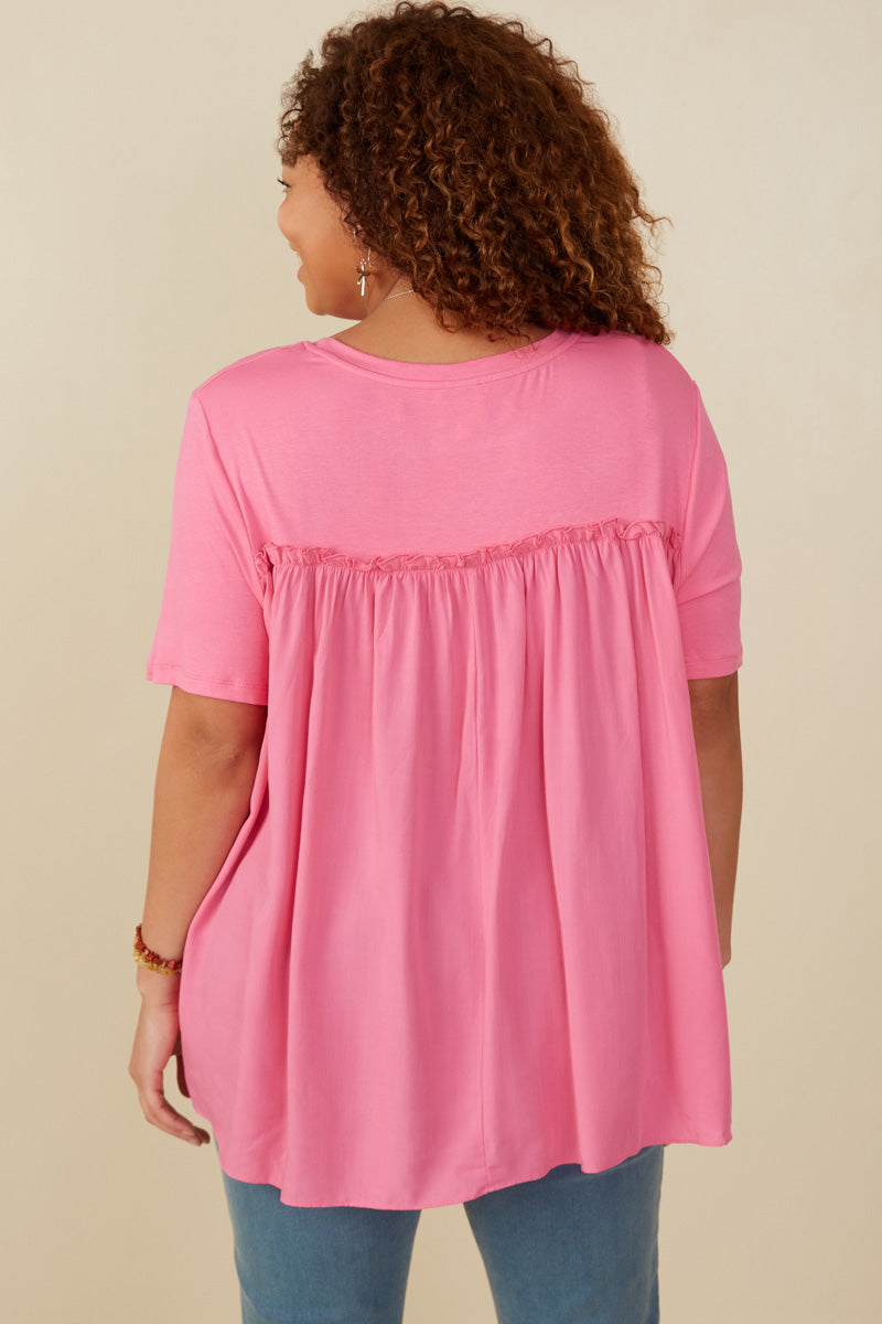 HY8025W Pink Plus Textured Ruffle Seam Top Full Body