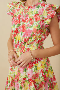 HY8026 Red Mix Womens Vivid Floral Smock Waist Exaggerated Ruffle Dress Full Body