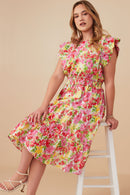 HY8026W Red Mix Plus Vivid Floral Smock Waist Exaggerated Ruffle Dress Pose