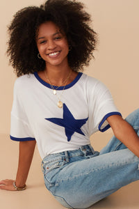 HY8028W Blue Plus Contrast Banded Star Patch French Terry T Shirt Front