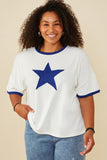 HY8028 Blue Womens Contrast Banded Start Patch French Terry T Shirt Pose