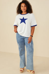 HY8028 Blue Womens Contrast Banded Start Patch French Terry T Shirt Gif