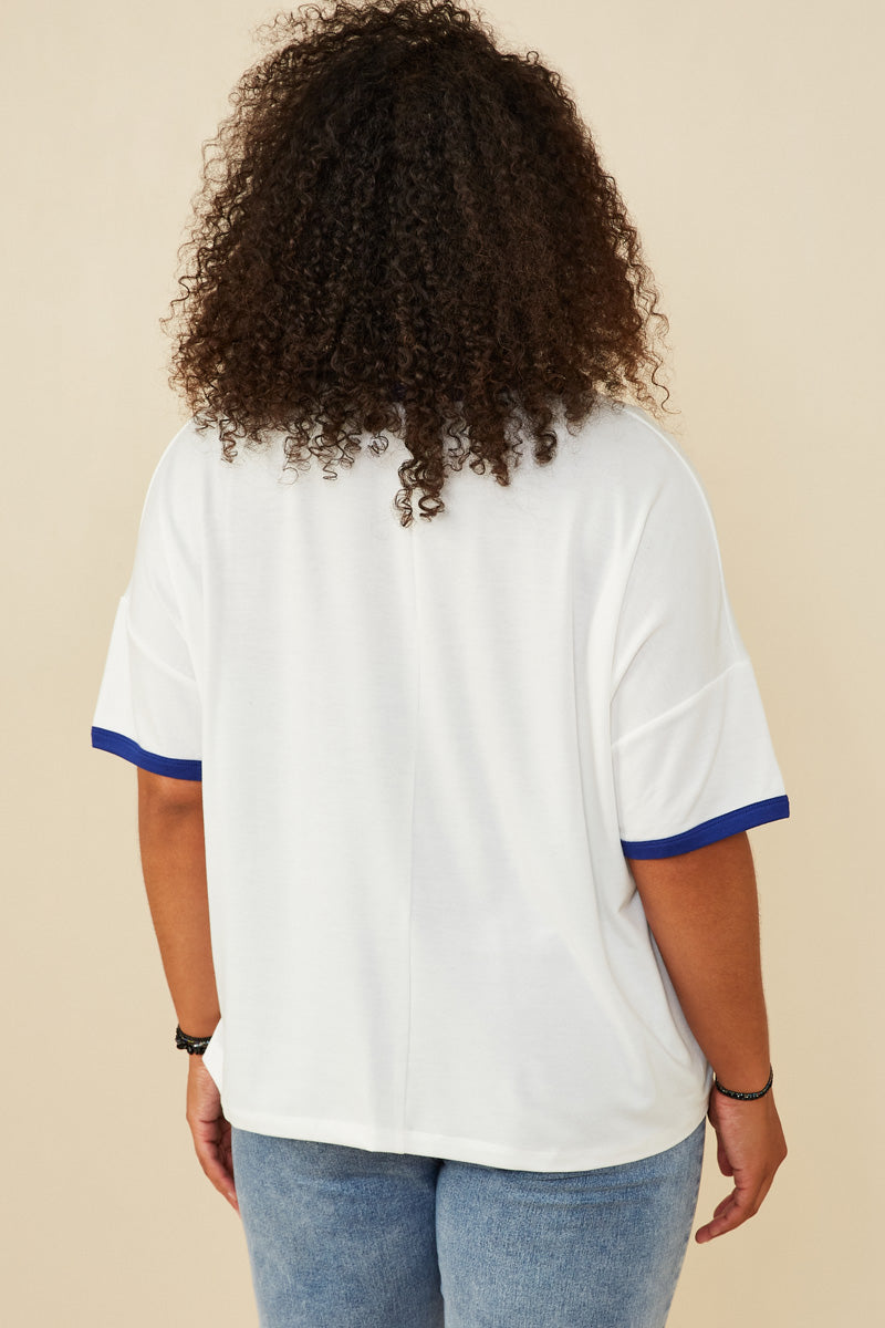 HY8028W Blue Plus Contrast Banded Star Patch French Terry T Shirt Full Body