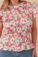 HY8029W Off White Plus Floral Ruffled Shoulder Smocked Top Detail