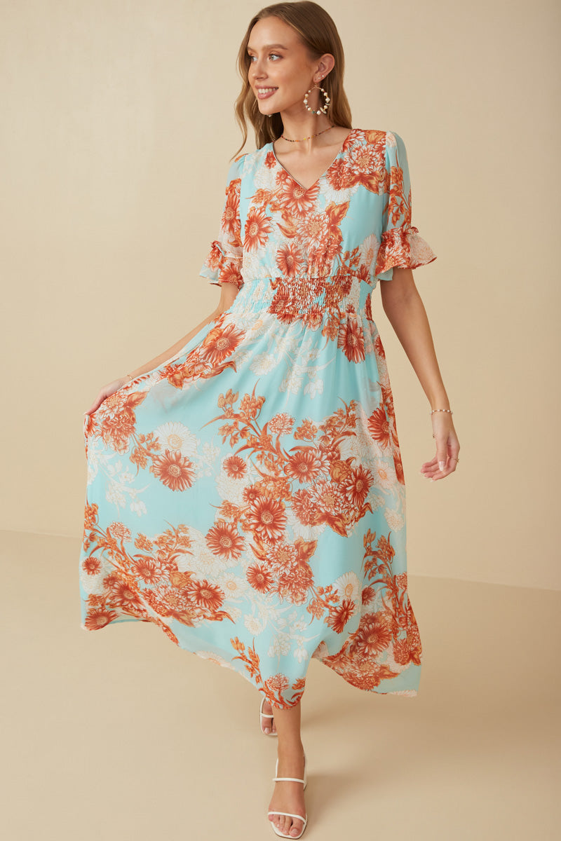 Floral V Neck Smocked Waist Chiffon Dress