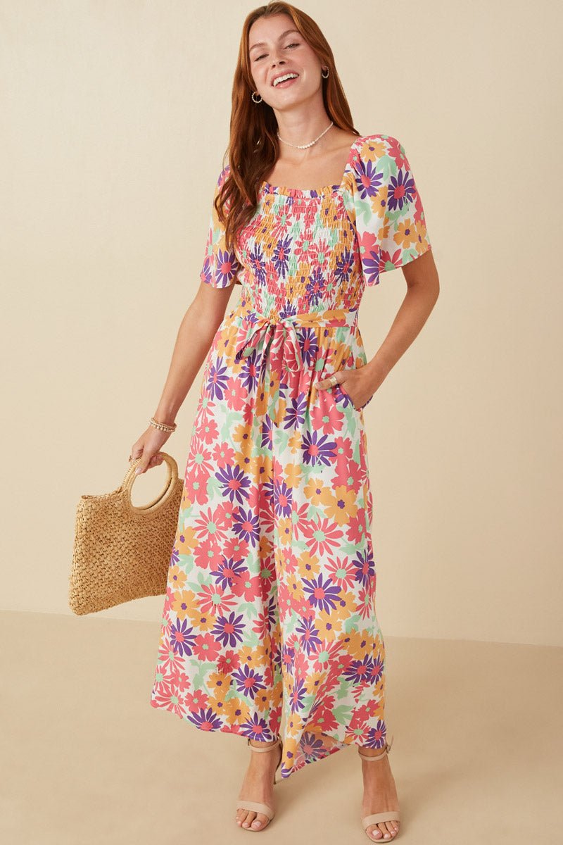 Vivid Floral Self Belt Smocked Jumpsuit