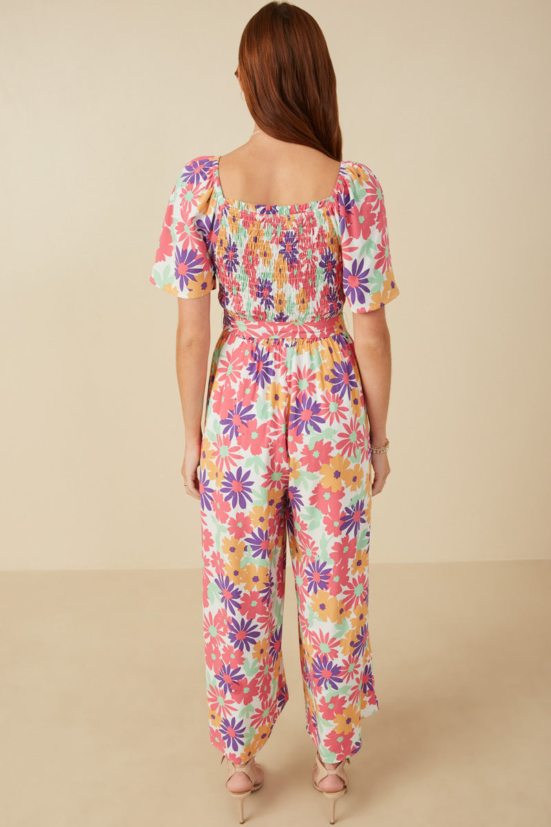 HY8032 Off White Womens Vivid Floral Self Belt Smocked Jumpsuit Detail
