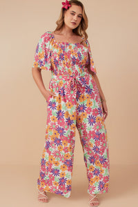 HY8032W Off White Plus Vivid Floral Self Belt Smocked Jumpsuit Full Body