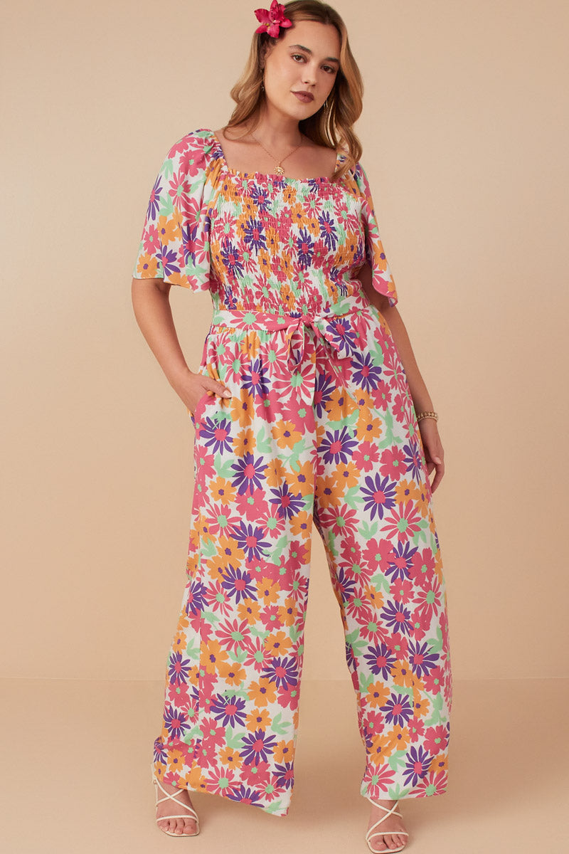 Vivid Floral Self Belt Smocked Jumpsuit