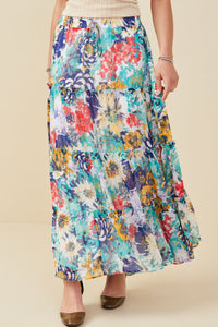 HY8035 Blue Mix Womens Vivid Floral Tiered Chiffon Maxi Skirt Front