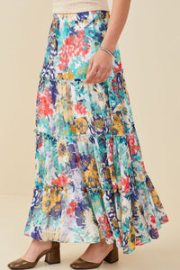 HY8035 Blue Mix Womens Vivid Floral Tiered Chiffon Maxi Skirt Side