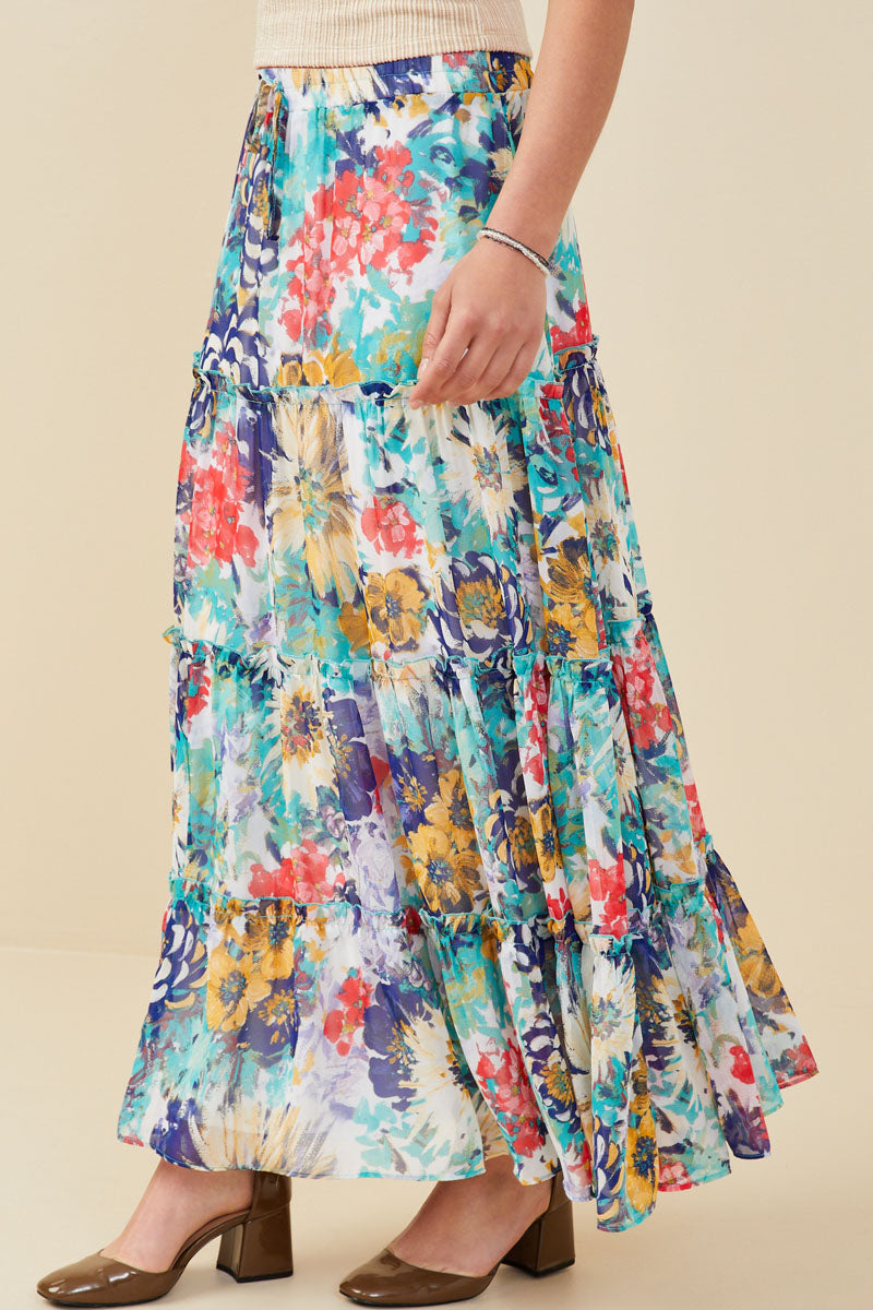 HY8035 Blue Mix Womens Vivid Floral Tiered Chiffon Maxi Skirt Side