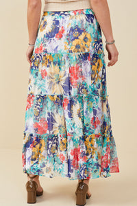 HY8035 Blue Mix Womens Vivid Floral Tiered Chiffon Maxi Skirt Back