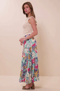 HY8035 Blue Mix Womens Vivid Floral Tiered Chiffon Maxi Skirt Gif