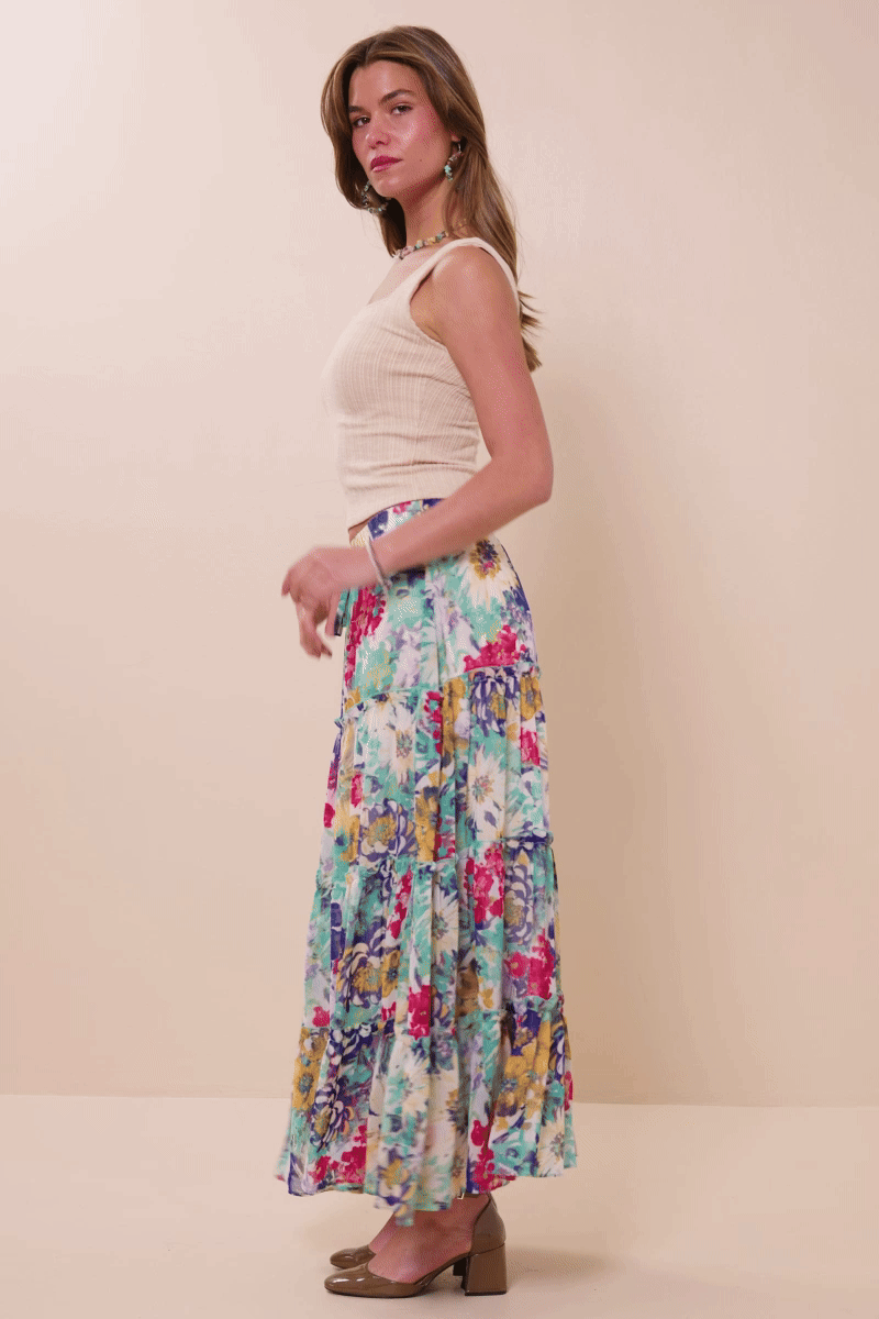 HY8035 Blue Mix Womens Vivid Floral Tiered Chiffon Maxi Skirt Gif