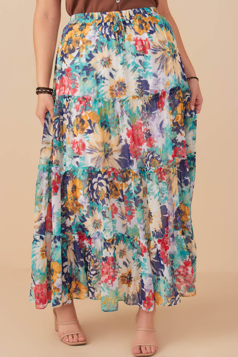 Vivid Floral Tiered Chiffon Maxi Skirt