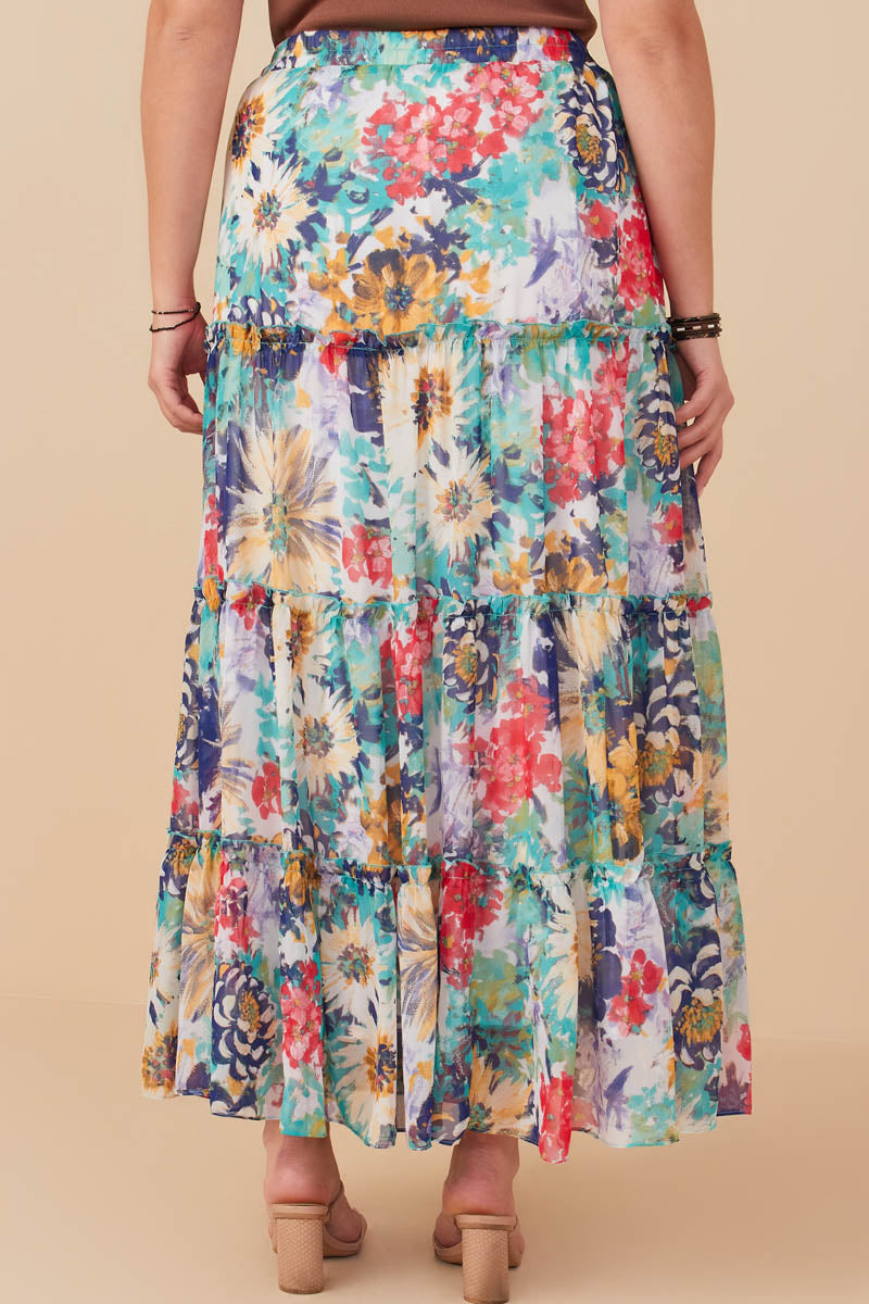 HY8035W Blue Mix Plus Vivid Floral Tiered Chiffon Maxi Skirt Full Body