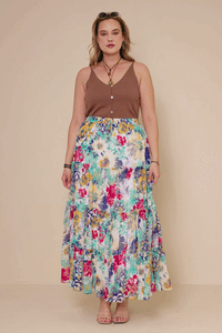 HY8035W Blue Mix Plus Vivid Floral Tiered Chiffon Maxi Skirt Side