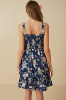 HY8038 Navy Womens Romantic Floral Smocked Bodice Tank Dress Back