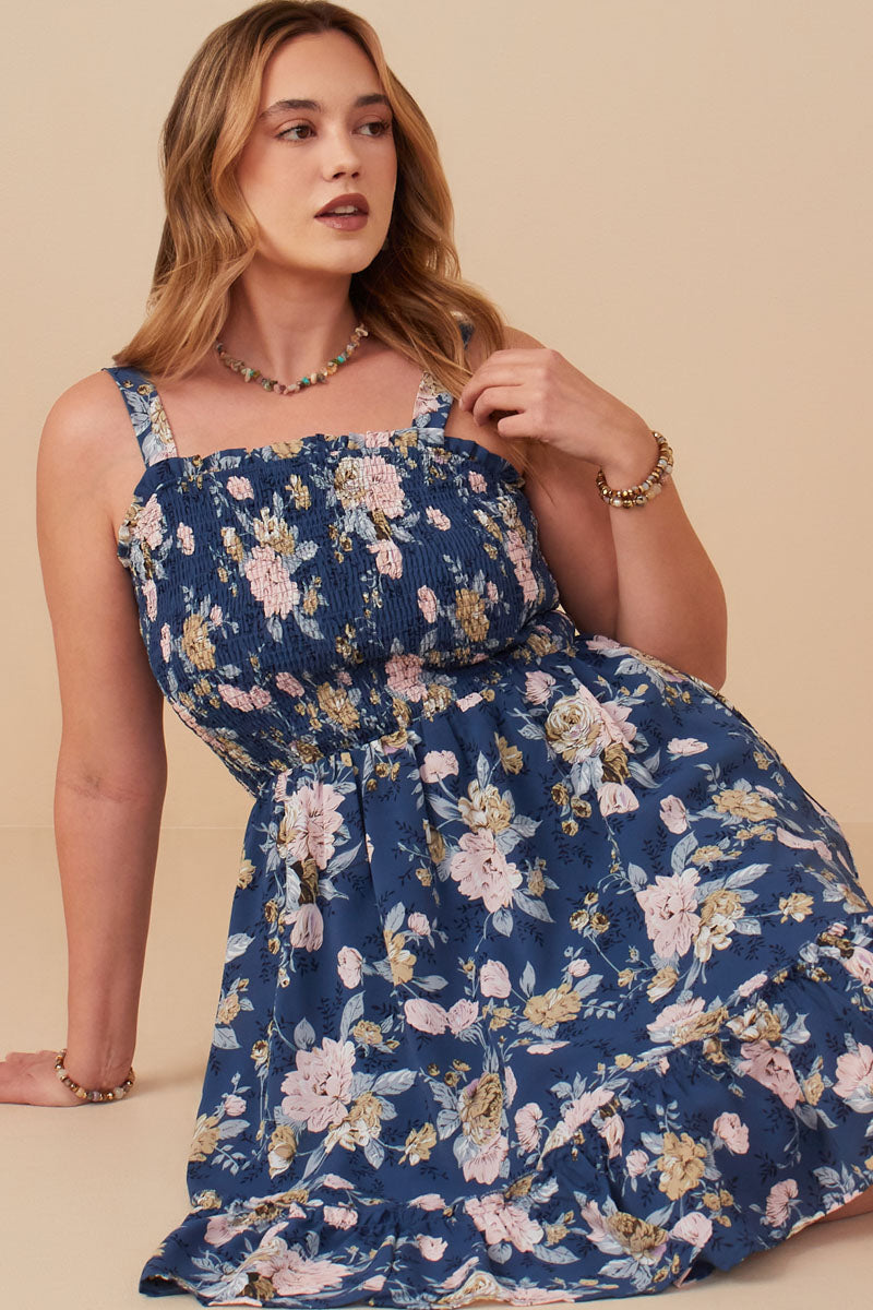 Romantic Floral Smocked Bodice Tank Dress