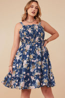 HY8038W Navy Plus Romantic Floral Smocked Bodice Tank Dress Front