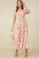 HY8042 Red Mix Womens Ditsy Floral Puff Sleeve Tiered Dress Full Body