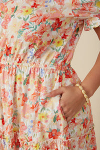 HY8042W Red Mix Plus Ditsy Floral Puff Sleeve Tiered Dress Gif