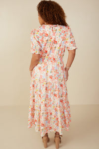 HY8042W Red Mix Plus Ditsy Floral Puff Sleeve Tiered Dress Side