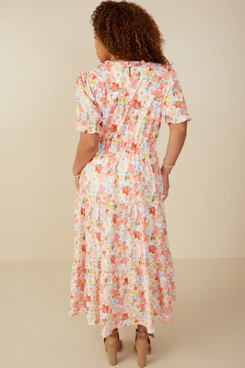 HY8042W Red Mix Plus Ditsy Floral Puff Sleeve Tiered Dress Side
