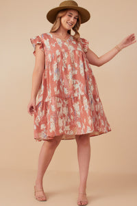 HY8048 Ivory Womens Watercolor V Neck Tiered Ruffled Dress Detail