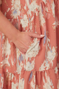 HY8048W Ivory Plus Watercolor V Neck Tiered Ruffled Dress Gif