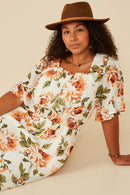 HY8050W Ivory Plus Romantic Floral Smocked Waist Square Neck Dress Side