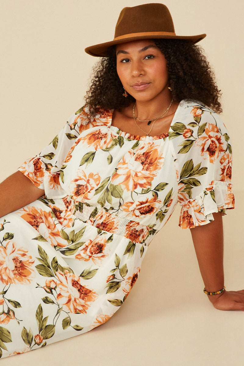 HY8050W Ivory Plus Romantic Floral Smocked Waist Square Neck Dress Side