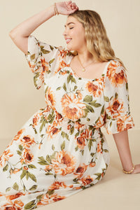 HY8050W Ivory Plus Romantic Floral Smocked Waist Square Neck Dress Back