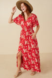 HY8052 Red Womens Floral Smocked Waist Flutter Sleeve Dress Full Body