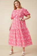 HY8056W Pink Plus Eyelet Patterned Puff Sleeve Scallop Hem Dress Full Body